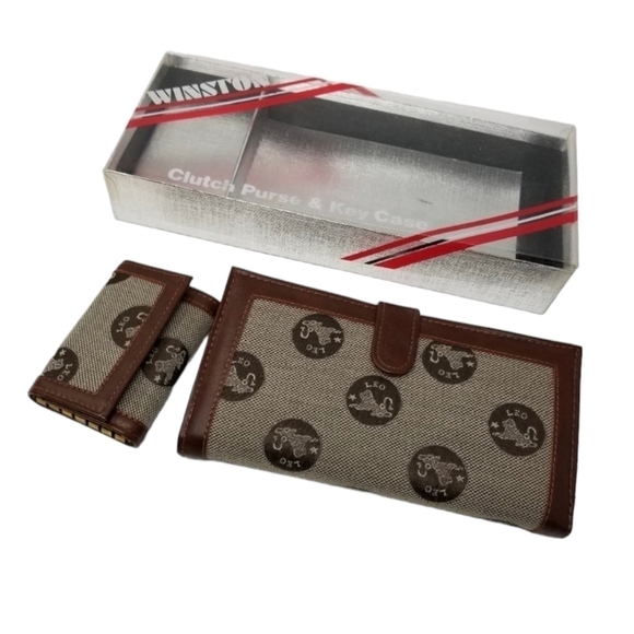 Winston Boxed Set Clutch Purse Wallet Key Case Astrology Leo Lion Check Y2K - Picture 1 of 10